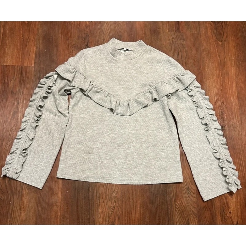 LUMIE Ruffle Mock Neck Long Sleeve Top Small Gray